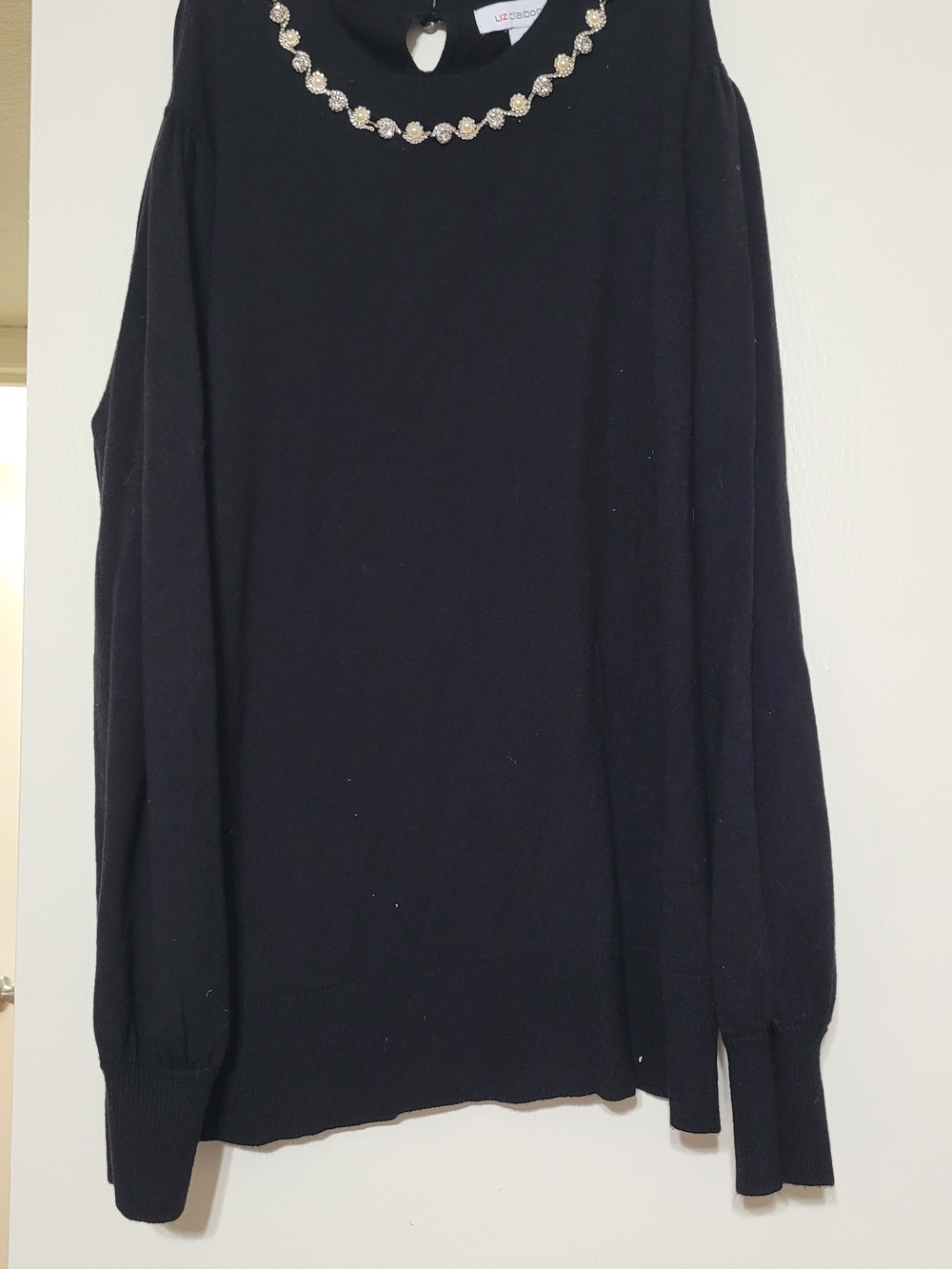 Liz Claiborne Black Crewneck Sweater with Jeweled Neckline